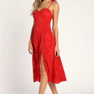 NWT Lulu’s Loveliest Looks Red Floral Jacquard Tie-Strap Midi Dress XL